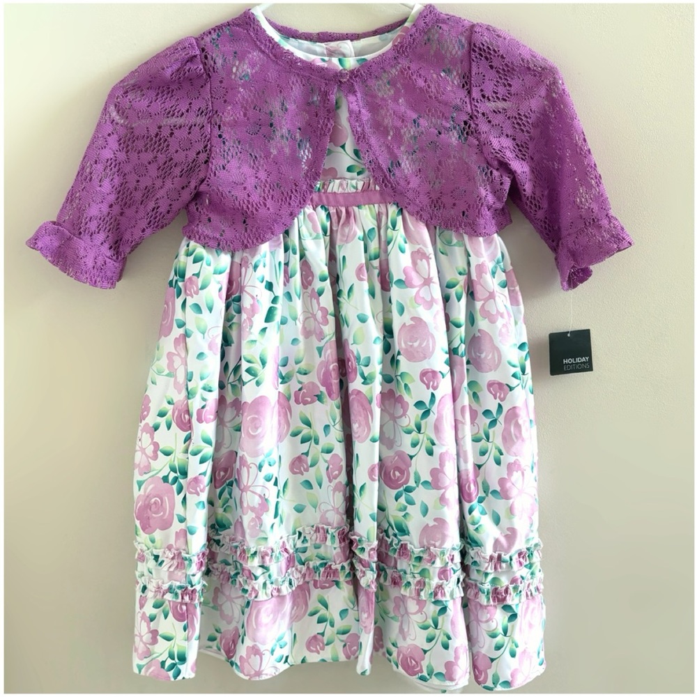 🆕 Holiday Editions 5T Ruffled Floral Tulle Party Dress & Lace Shrug
